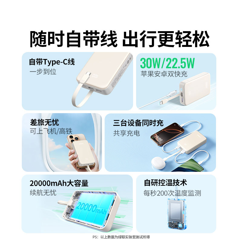 沐鸣2自带线充电宝 20000mAh电池30W快充