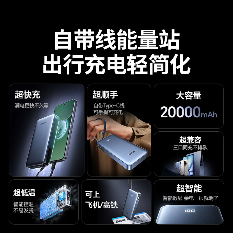 沐鸣2自带线充电宝 20000mAh电池45W快充