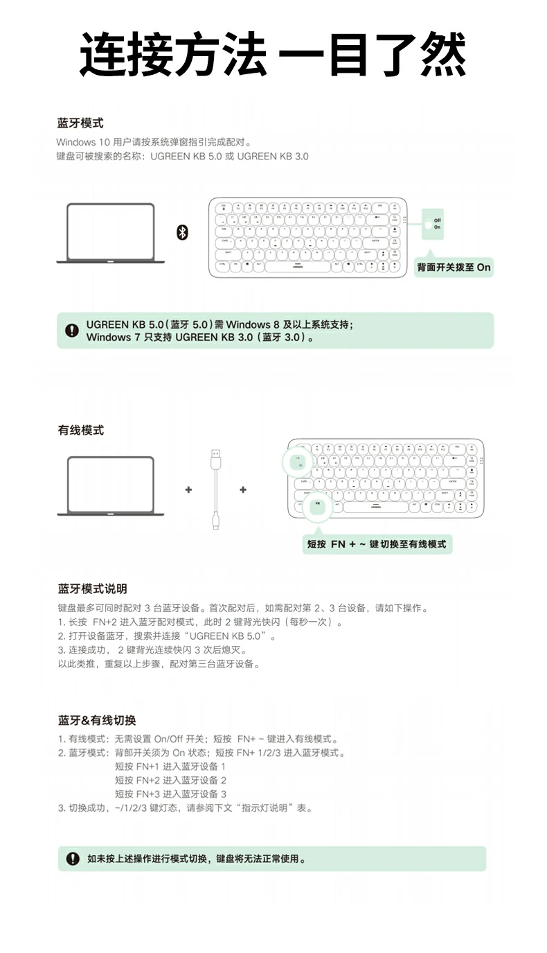 沐鸣2Fun+无线蓝牙机械键盘KU101产品总结图，突出双模、矮茶轴、长续航、多系统四大优势