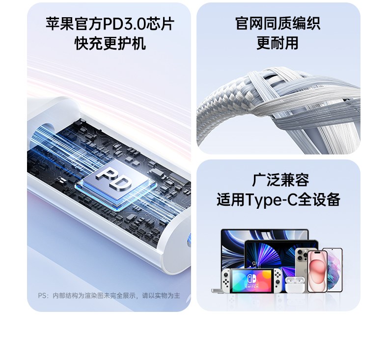 沐鸣2L527Type-C双头快充线支持PD3.0协议安全充电