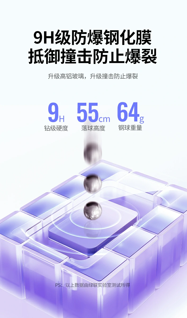 防爆性能测试 - 55cm落球64g钢球撞击不爆裂 9H防爆钢化膜测试,55cm落球64g钢球撞击